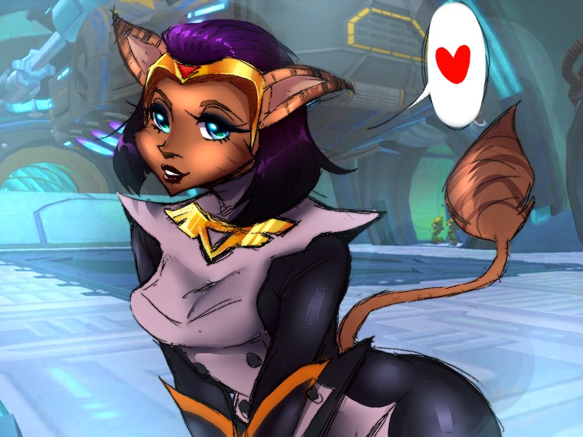 anthro blue_eyes breasts brown_body brown_fur circlet clothing eyebrows eyelashes female fur hair heart_symbol leaning leaning_forward purple_hair short_hair solo tail tail_tuft tuft crescentnocturn ratchet_and_clank sony_corporation sony_interactive_entertainment sasha_phyronix cazar_(ratchet_and_clank) mammal 2025 4:3 hi_res pictographics