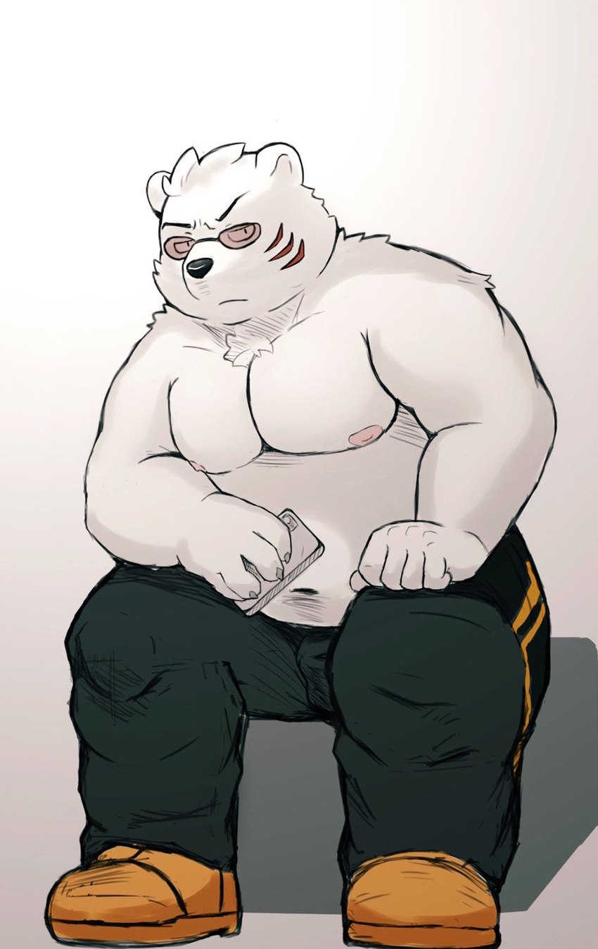 anthro black_nose bottomwear cellphone clothing electronics eyewear fur glasses kemono male moobs nipples overweight overweight_anthro overweight_male pants phone simple_background sitting smartphone solo white_body white_fur buruukoori odd_taxi sekiguchi_(odd_taxi) bear mammal polar_bear ursine 2021 hi_res