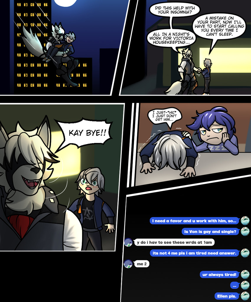 anthro arm_support blush bodily_fluids carrying_another carrying_partner chibi city city_background clothed clothing crying dialogue eye_patch eyewear frown fully_clothed fur grey_hair group hair hand_holding leaning_on_elbow moon night open_mouth open_smile outside prosthetic prosthetic_leg prosthetic_limb purple_hair smile speech_bubble tears text texting white_body white_fur trashbadger mihoyo zenless_zone_zero belle_(zenless_zone_zero) ellen_joe von_lycaon wise_(zenless_zone_zero) canid canine canis human mammal thiren wolf 5:6 comic english_text hi_res multiple_scenes