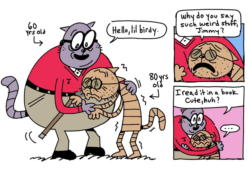 anthro bottomwear clothing dialogue duo eyes_closed eyewear glasses hug male male/male mature_male overweight overweight_male pants shirt text topwear teddyclowns dog_man_(series) big_jim_(dog_man) grampa_(dog_man) domestic_cat felid feline felis mammal 2025 comic english_text hi_res