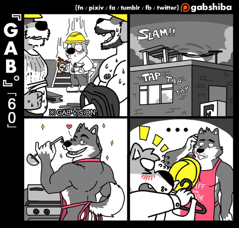 5_fingers anthro appliance apron apron_only armor background_shot bar_emanata base_two_layout blush bodily_fluids building clothed clothes_hanger clothing confusion construction_site construction_worker cooking cute_fangs ellipsis emanata eyebrows eyes_closed fangs fingers four_frame_grid four_frame_image fully_clothed grid_layout group headgear heart_symbol helmet holding_object looking_at_viewer looking_back male male/male mostly_nude nipples nude one_eye_closed onomatopoeia open_mouth open_smile rear_view regular_grid_layout side_view smile sound_effects sparkles standing stove sweat teeth text text_on_apron text_on_clothing two_row_layout whiskers wink gabshiba gab_(comic) gab_shiba wuff_(gabshiba) canid canine canis domestic_dog mammal shiba_inu spitz wolf comic english_text partially_colored