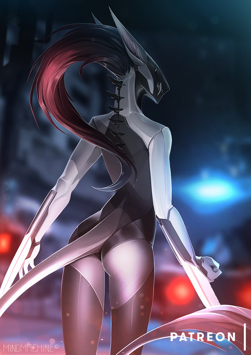 anthro arm_blade assassin back_spines blade clothing detailed_background female hair long_hair red_hair slim solo spikes standing wrist_blade wrist_weapon mindmachine patreon cassia_(siberia-gravity) acrador canid canine canis jackal mammal hi_res