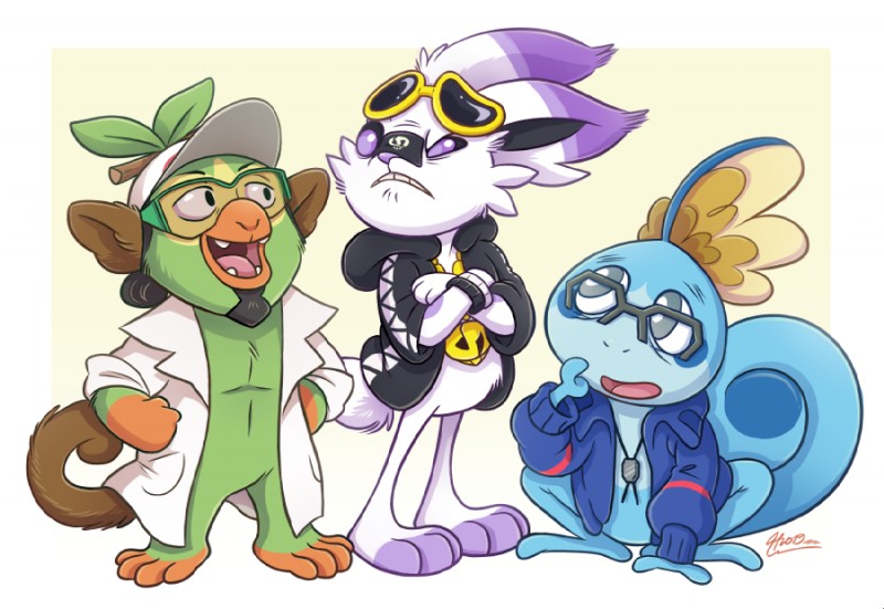 alternate_species anthro band-aid bandage chain clothed clothing eyewear feet floppy_ears fur furrification glasses green_body green_fur group hair male open_mouth pokemon_professor starter_trio trio white_body white_fur macgreen nintendo pokemon team_skull guzma_(pokemon) molayne_(pokemon) professor_kukui generation_8_pokemon grookey lagomorph mammal pokemon_(species) primate reptile scalie scorbunny sobble 2019 comic