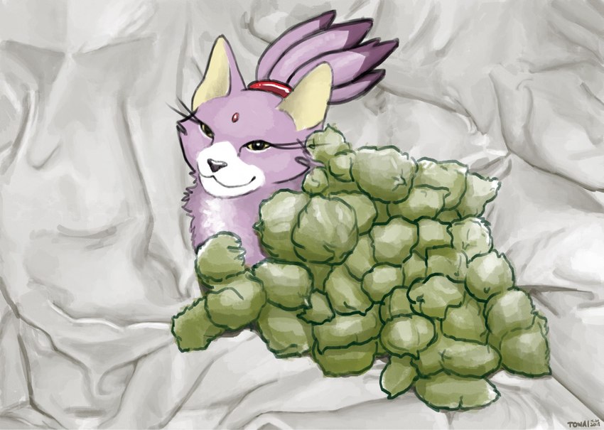 bedding bedding_background big_pupils dilated_pupils drugs eyelashes female feral forehead_gem fur gem humor lying marijuana on_front pseudo_hair pun pupils purple_body purple_fur smile smug solo visual_pun towai sega sonic_the_hedgehog_(series) blaze_the_cat domestic_cat felid feline felis mammal