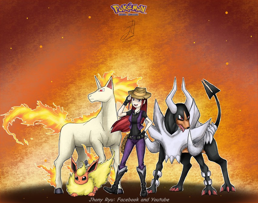 clothing female fire footwear group gym_leader hair hat headgear headwear jacket multicolored_body orange_body purple_eyes red_hair shoes topwear jhony_ryu nintendo pokemon pokemon_reloaded adalia_(pokemon_reloaded) eeveelution flareon generation_1_pokemon generation_6_pokemon human mammal mega_evolution mega_houndoom pokemon_(species) rapidash absurd_res hi_res