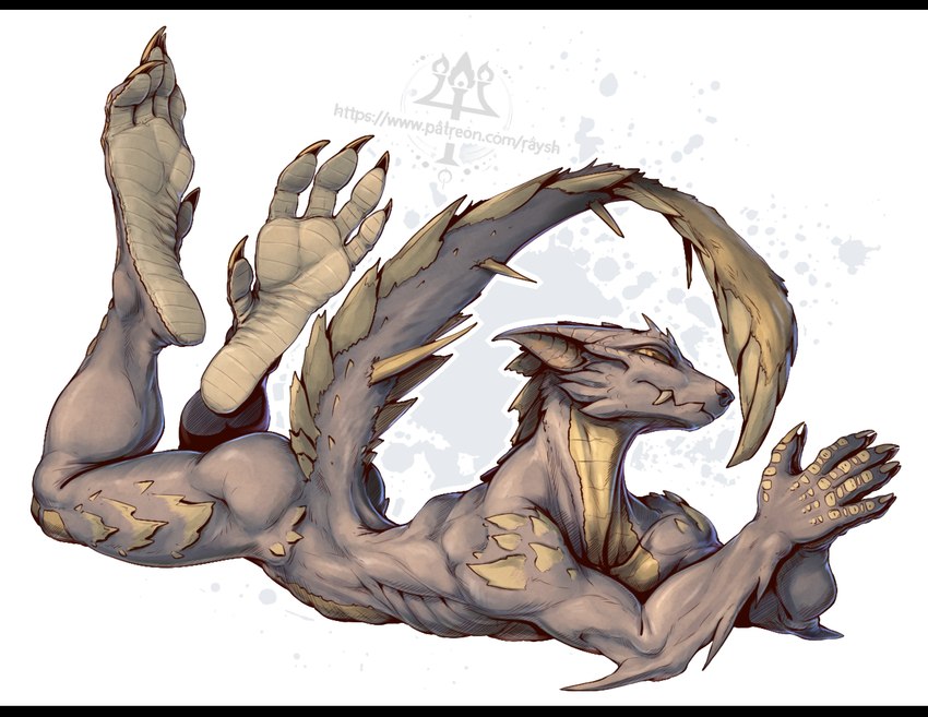 5_fingers anthro big_tail black_bars butt claws fangs feet finger_claws fingers full_pad grey_body grey_scales male nude nude_anthro nude_male orange_body orange_eyes orange_scales padded_palms paws raised_tail scales simple_background snout spikes spikes_(anatomy) tail teeth toe_claws white_background wrinkled_feet wrinkles kredri capcom monster_hunter fan_character fuse_(razim) fanged_wyvern lunagaron scalie tobi-kadachi 2025 digital_media_(artwork) letterbox