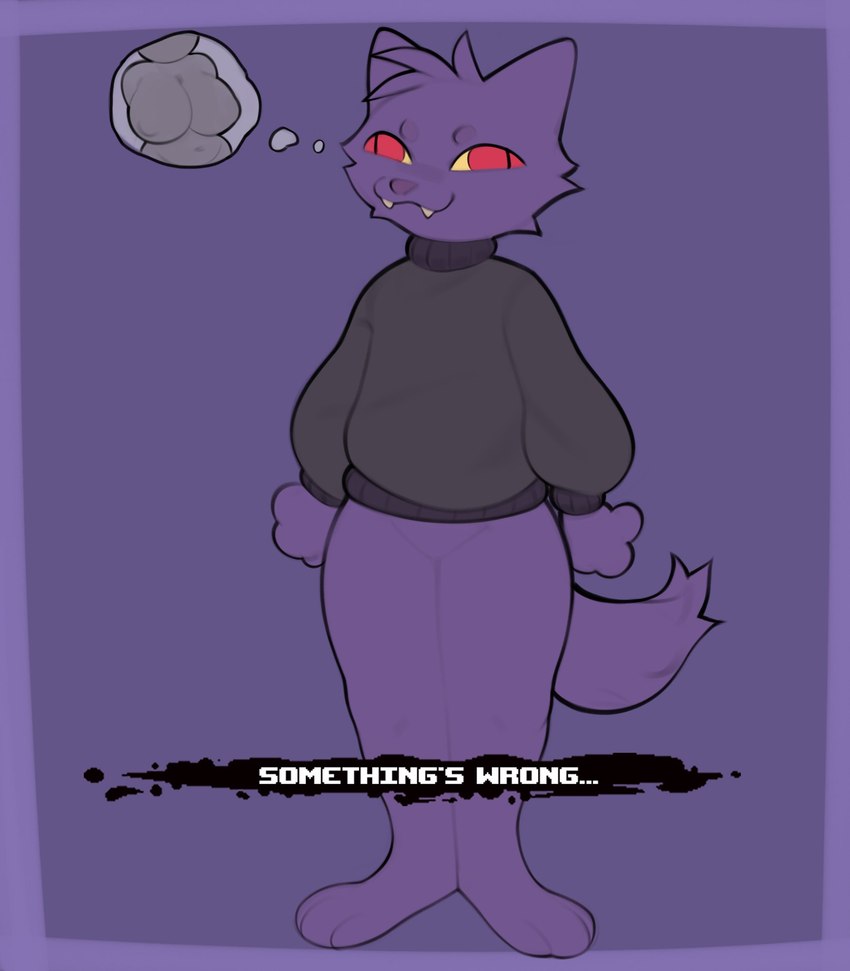 anthro biped bottomless clothed clothing derp_eyes duo female fur humor male pupils purple_body purple_fur red_eyes slit_pupils tail k1ko the_binding_of_isaac_(series) k1ko_(character) domestic_cat felid feline felis mammal hi_res