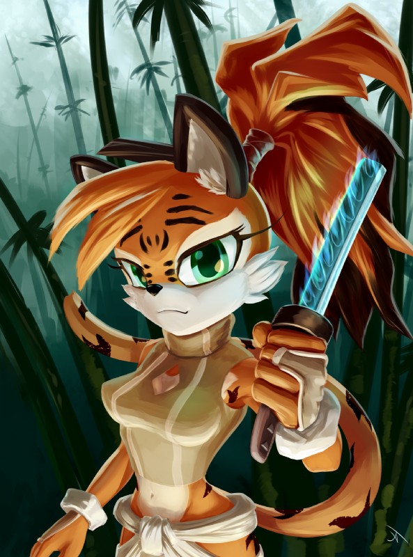 anthro black_nose breasts cleavage clothed clothing female flaming_weapon fur green_eyes hair magic_weapon melee_weapon midriff navel orange_body orange_fur orange_hair solo striped_body striped_fur stripes sword weapon jt-metalli felid mammal pantherine tiger 2017 hi_res