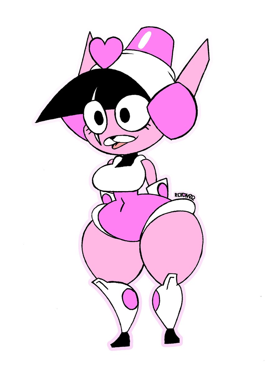 anthro armor clothed clothing cosplay female headgear headwear heart_symbol helmet pink_body simple_background solo standing thick_thighs tongue tongue_out toony white_background wide_hips rexon02 epic_games fortnite mighty_switch_force! wayforward cuddle_team_leader patricia_wagon crossover hi_res