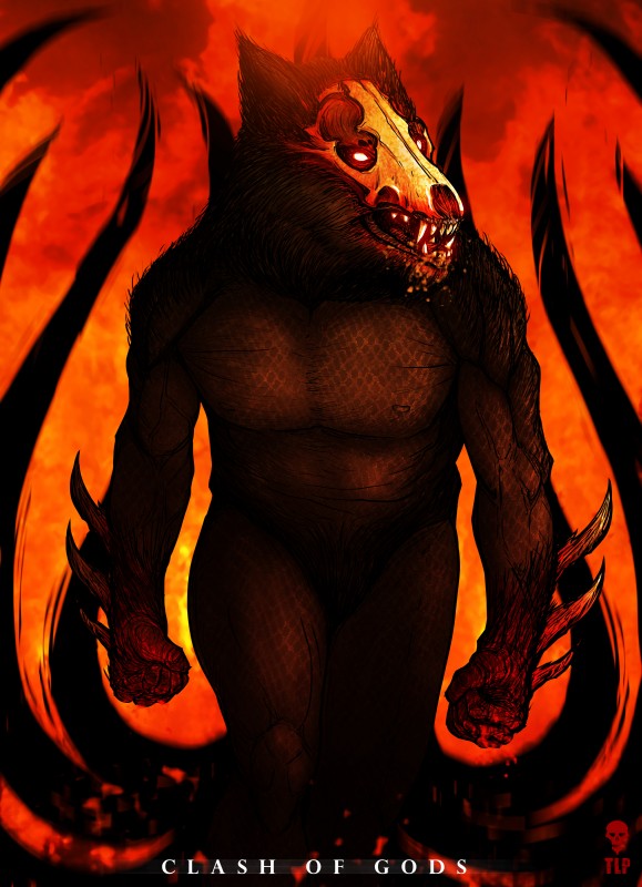 bodily_fluids crotch_tuft drooling empty_eyes exposed_skull female fire fluffy glowing glowing_eyes growling hell nipples nude open_mouth red_eyes saliva solo teeth tentacles tuft the-last-phantom deity demon absurd_res hi_res