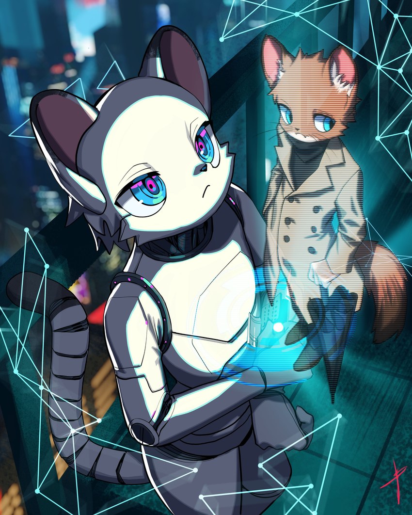 anthro blue_eyes city clothed clothing coat cyberpunk detailed_background dipstick_ears dipstick_tail ear_markings exposed_endoskeleton floor front_view frown fully_clothed high-angle_view holding_object holding_umbrella hologram looking_aside looking_up machine male male_anthro markings multicolored_ears nude railing scanlines science_fiction segmented_tail solo square_crossover standing tail tail_markings tile tile_floor topwear trenchcoat umbrella whiskers blaedic isaac_(mitaro900) android mammal mustelid musteline robot robot_anthro stoat true_musteline weasel 2023 absurd_res hi_res picture_in_picture