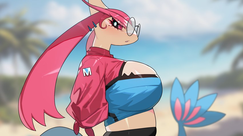 anthro big_breasts blue_clothing blue_topwear blurred_background breasts clothed clothing ear_piercing ear_ring eyewear female glasses hair piercing pink_clothing pink_hair pink_topwear ring_piercing round_glasses solo topwear drunk_oak nintendo pokemon generation_3_pokemon milotic pokemon_(species) 16:9 2023 hi_res widescreen