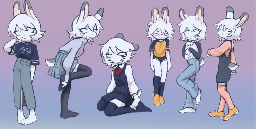 anthro bottomwear clothed clothing female footwear legwear multiple_poses pose scut_tail shoes short_tail skirt solo stockings tail dokudrinker lagomorph leporid mammal rabbit hi_res