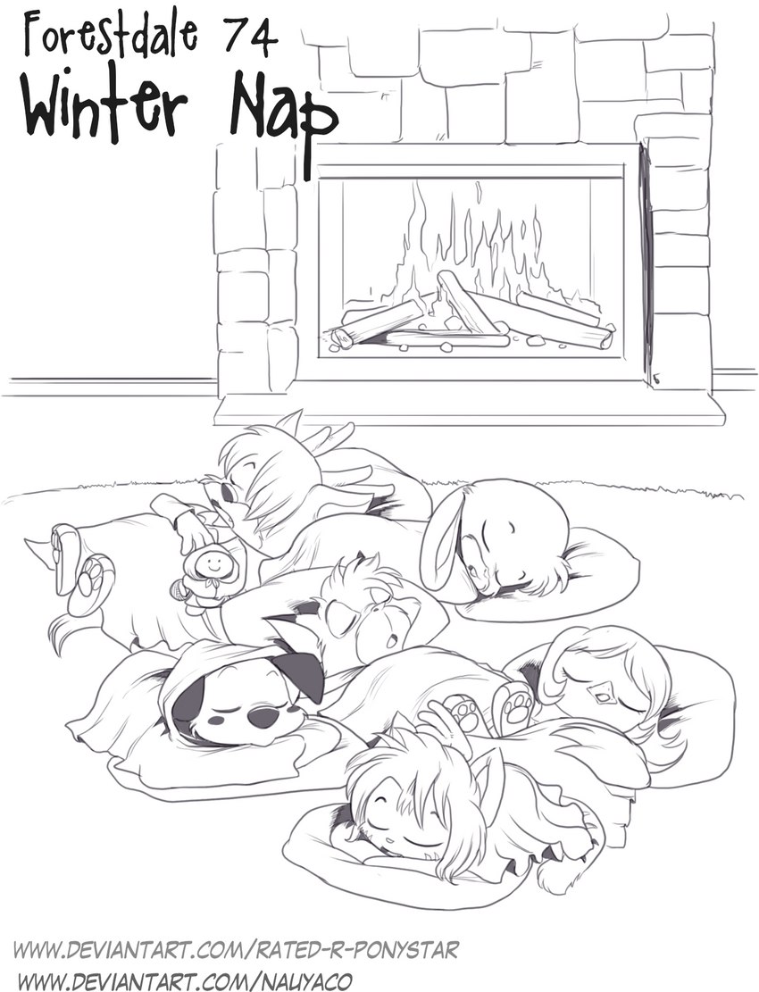 anthro antlers beak bedding black_nose blanket briefs clothed clothing eyes_closed feathers female fire fireplace floppy_ears fluffy fluffy_tail fur group hair hair_over_eye head_on_pillow horn log lying male markings nap napping one_eye_obstructed open_mouth pajama_shirt pajamas pawpads paws pillow plushie rabbit_ears rug shirt sleeping sleeping_together sleepover spots spotted_body spotted_fur striped_body striped_fur stripes tail text topwear toy underwear wings wood wrapped_in_blanket nauyaco forestdale adam_summers_(forestdale) dallas_burnside_(forestdale) izabell_carroll_(forestdale) jake_noel_(forestdale) kyle_kendricks_(forestdale) sora_jeon_(forestdale) avian bird canid canine canis dalmatian deer domestic_cat domestic_dog felid feline felis fox hybrid lagomorph leporid mammal oscine passerine rabbit sparrow tabby_cat wolf 2022 comic english_text hi_res monochrome url