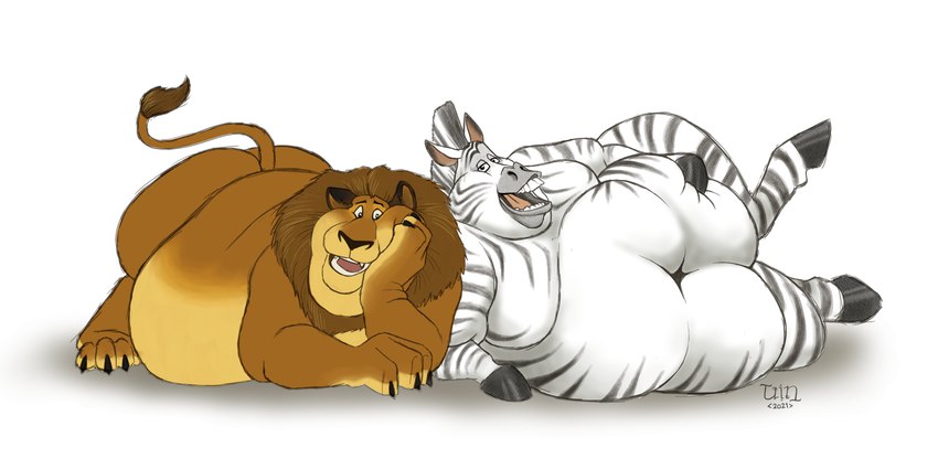 belly big_belly big_butt butt chubby_cheeks claws duo feral hooves male mane moobs navel obese obese_feral obese_male overweight overweight_feral overweight_male simple_background stripes white_background dragontzin dreamworks madagascar_(series) alex_(madagascar) marty_(madagascar) equid equine felid lion mammal pantherine zebra 2:1 absurd_res hi_res