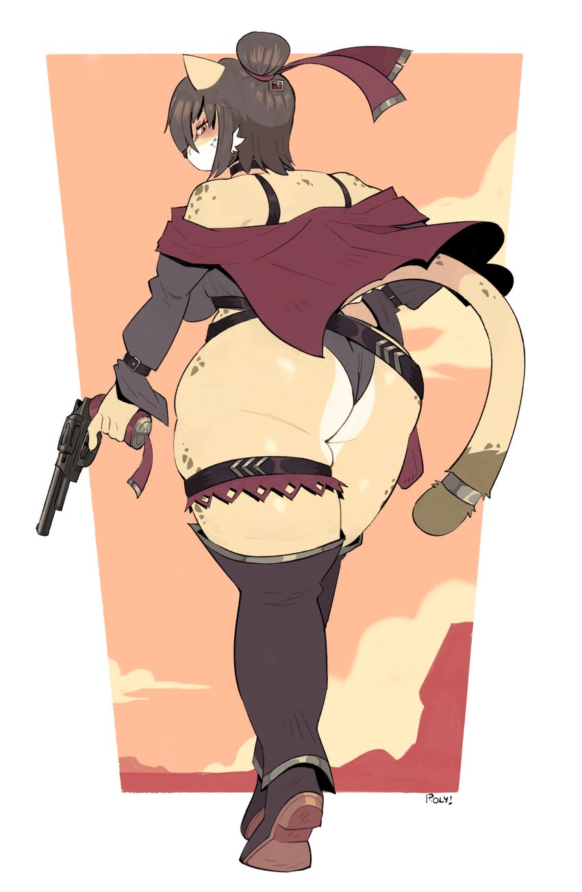 anthro big_butt blush breasts brown_hair butt clothed clothing female fur gun hair handgun holding_gun holding_object holding_ranged_weapon holding_weapon looking_at_viewer looking_back looking_back_at_viewer ranged_weapon rear_view revolver solo standing thick_thighs weapon yellow_body yellow_eyes yellow_fur roly smith_&_wesson sasha_(sinnythehawk) cheetah felid feline mammal 2023 digital_media_(artwork) hi_res