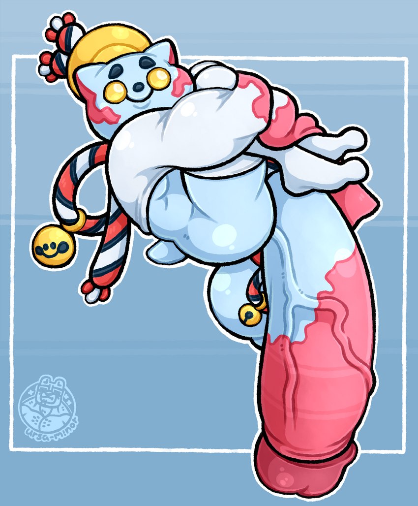 anthro balls big_balls big_penis bottomless clothed clothing footwear genitals huge_balls huge_penis humanoid_genitalia humanoid_penis hyper hyper_balls hyper_genitalia hyper_penis male muscular muscular_male penis simple_background smile socks solo tail topwear topwear_only yellow_eyes ursa-m1nor nintendo pokemon animate_inanimate chimecho chingling felid generation_3_pokemon generation_4_pokemon humanoid mammal pokemon_(species) absurd_res hi_res