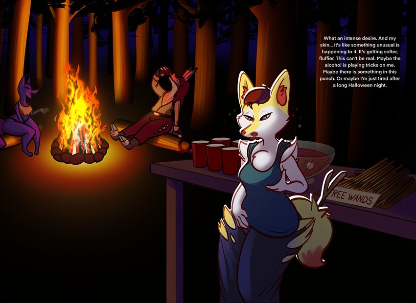 anthro breast_growth breasts campfire clothing confusion container cup dialogue drinking ear_growth expansion female fire forest forest_background fur furniture gender_transformation green_eyes group growth hair hair_shrinking hand_on_breast hand_on_crotch log male medium_breasts mtf_transformation nature nature_background orange_body orange_fur party plant purple_body purple_fur red_hair sitting species_transformation stick table tail tail_growth text thick_thighs thigh_expansion torn_clothing transformation tree trio white_body white_fur wood yellow_body yellow_fur sjevi nintendo pokemon braixen canid canine fox generation_6_pokemon mammal pokemon_(species) colored english_text