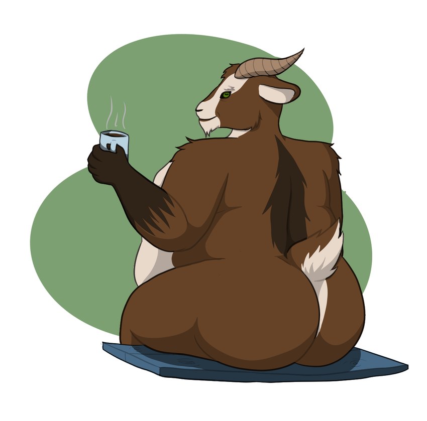 5_fingers anthro belly bench beverage big_belly big_butt brown_body brown_fur brown_horn brown_tail butt closed_smile coffee container cup fingers fur green_eyes holding_coffee_mug holding_container holding_cup holding_mug holding_object horizontal_pupils horn looking_at_viewer looking_back looking_back_at_viewer male male_anthro mouth_closed mug multicolored_body multicolored_fur nude_anthro nude_male obese obese_anthro obese_male on_bench overweight overweight_anthro overweight_male pupils simple_background sitting sitting_on_bench smile smiling_at_viewer solo steam tail thick_thighs two_tone_tail white_body white_fur white_inner_ear white_tail theannoyingnpc greg_(theannoyingnpc) bovid caprine goat mammal 2017 colored digital_drawing_(artwork) digital_media_(artwork) english_description hi_res shaded simple_shading