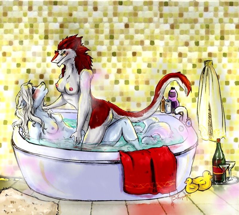 anthro anthro_on_anthro bath bathtub breast_size_difference breasts duo erect_nipples female female/female fur inside interspecies multi_tail multicolored_body multicolored_fur nipples nude partially_submerged red_body red_fur rubber_duck straddling tail towel two_tone_body two_tone_fur wet wet_body wet_fur white_body white_fur caatnip nei_(catsithx) sylin_(catsithx) canid canine fox mammal sergal 2016 hi_res