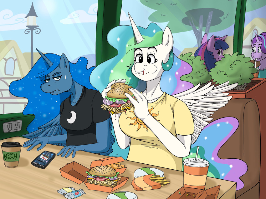 annoyed anthro beverage blue_hair breasts burger cellphone clothing cloud cosmic_hair day detailed_background duo_focus eating electronics ethereal_hair feathered_wings feathers female food furniture group hair holding_burger holding_food holding_object horn inside lamp multicolored_hair phone plant pseudo_hair rainbow_hair shirt sitting smartphone smile table topwear tree white_body wings nosch friendship_is_magic hasbro my_little_pony mythology princess_celestia_(mlp) princess_luna_(mlp) twilight_sparkle_(mlp) equid equine mammal mythological_creature mythological_equine winged_unicorn 2020 hi_res