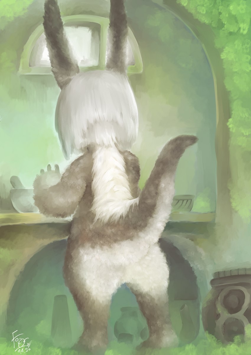 alcove ambiguous_gender anthro butt counter detailed_background fluffy hair inside mane mortar_and_pestle moss nude plant raised_tail rear_view solo standing tail vase white_hair white_mane window young young_anthro foogyakumo made_in_abyss nanachi lagomorph leporid mammal narehate rabbit 2020 full-length_portrait hi_res portrait