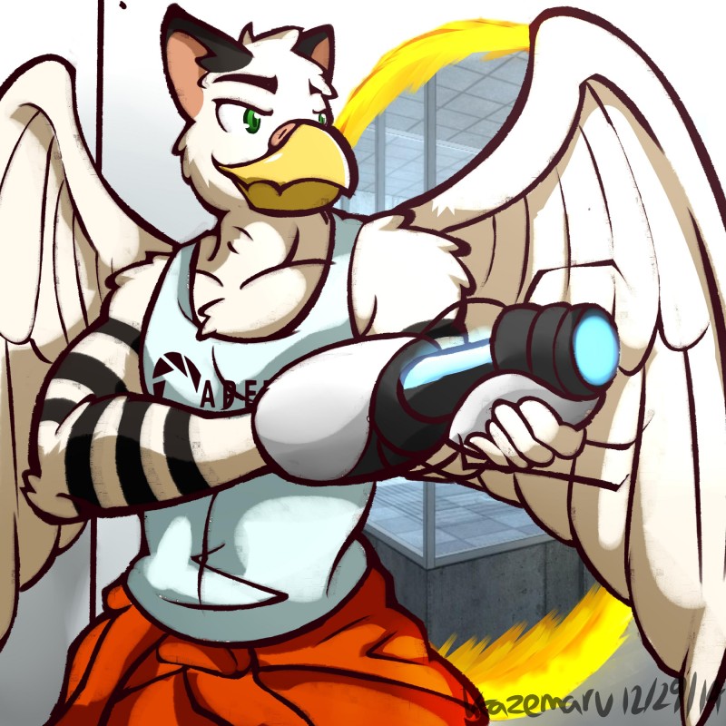 anthro beak feathered_wings feathers green_eyes male muscular muscular_anthro muscular_male portal_gun simple_background solo white_background wings ventkazemaru barabird mythology portal_(series) valve drew_(barabird) avian gryphon mythological_avian mythological_creature 1:1 absurd_res hi_res