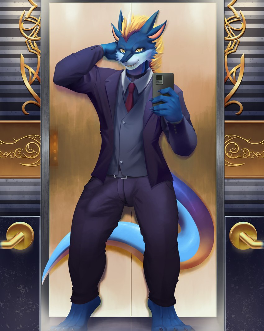 anthro barefoot blue_body bulge business classy clothing electronics elevator feet hand_behind_head male mirror necktie phone power raining selfie smile solo suit tail teeth aidennguyen17 mythology teryx teryx_commodore dragon mythological_creature mythological_scalie scalie 4:5 hi_res