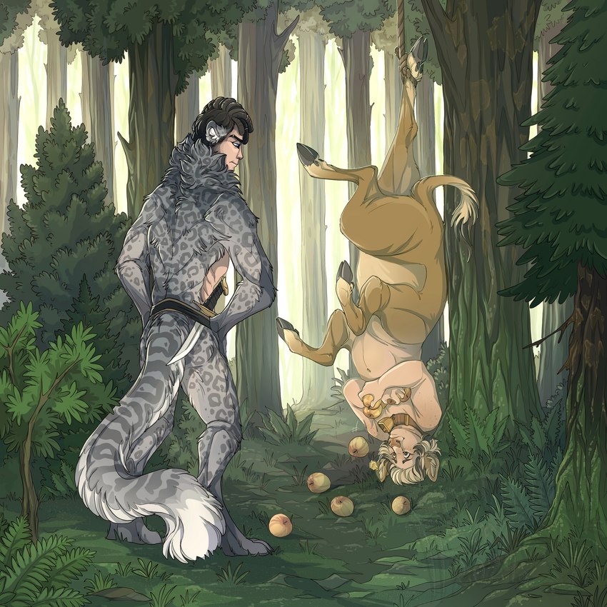 animal_ears anthro apple bdsm bell bell_collar blue_eyes bondage bound brown_eyes cloven_hooves collar duo ear_piercing evergreen_tree fern fluffy fluffy_tail food forest freckles fruit hanging_by_feet hooves humanoid_face hunter hunting knife male male/male meat_tag piercing pine_tree plant predator/prey slightly_chubby slightly_chubby_male suspended_in_midair tail tree upside_down young fortunatafox bryce_hardhoof animal_humanoid bovid bovid_taur bovine bovine_taur felid felid_humanoid humanoid hybrid mammal mammal_humanoid mammal_taur pantherine pantherine_humanoid snow_leopard snow_leopard_humanoid taur 1:1 colored digital_media_(artwork) hi_res