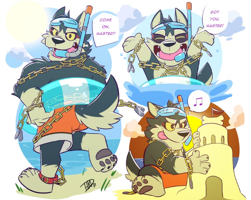 anthro blush chain chain_accessory fur male solo summer hikazedragon lifewonders tokyo_afterschool_summoners garmr_(tas) canid canine canis domestic_dog mammal 2017