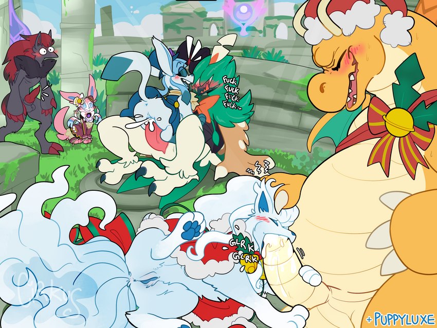 holiday style alolan ninetales, holiday style dragonite, theater style sylveon, tuxedo style decidueye, and tuxedo style glaceon (pokemon unite and etc) created by cirkus and puppeon