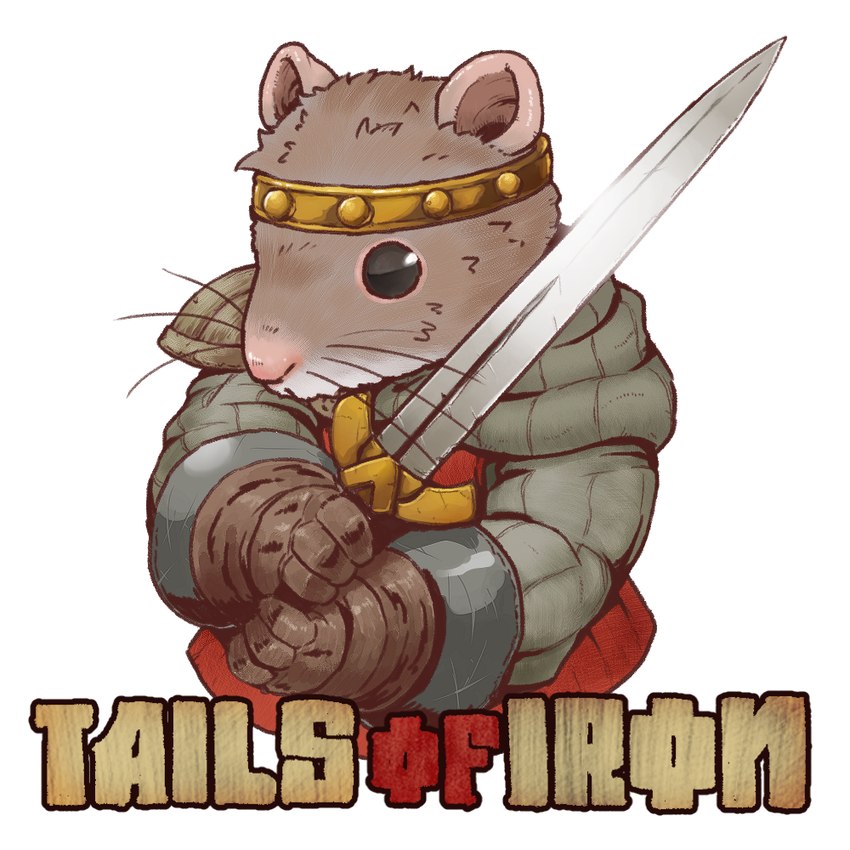 anthro biped brown_body brown_fur clothed clothing fur humanoid_hands melee_weapon pink_nose simple_background solo sword text weapon white_background yagimudsuki tails_of_iron redgi_(tails_of_iron) mammal murid murine rat rodent 1:1 2023 english_text