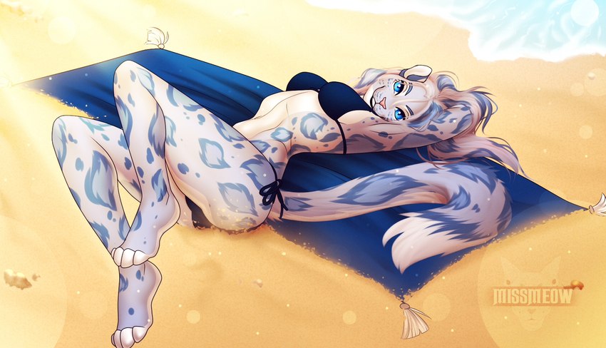 4_toes anthro barefoot beach beach_blanket bikini bikini_bottom bikini_top blue_body blue_clothing blue_eyes blue_hair blue_spots breasts chest_tuft clothed clothing feet female fur grey_body grey_fur hair long_hair looking_at_viewer lying markings on_back paws plantigrade sand seaside simple_background smile solo spots spotted_body spotted_fur swimwear tail toes tuft two-piece_swimsuit white_body white_fur catherinemeow microsoft the_elder_scrolls m'ria_(maks_hunt) felid feline khajiit leopard mammal pantherine snow_leopard hi_res