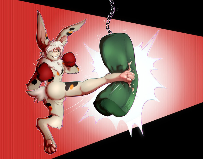 4_toes accessory anthro balls barefoot boxing_gloves boxing_gloves_only butt clothing digitigrade feet genitals handwear handwear_only headband kick kickboxing male mostly_nude pawpads paws pink_pawpads soles solo toes acreep hare lagomorph leporid mammal rabbit