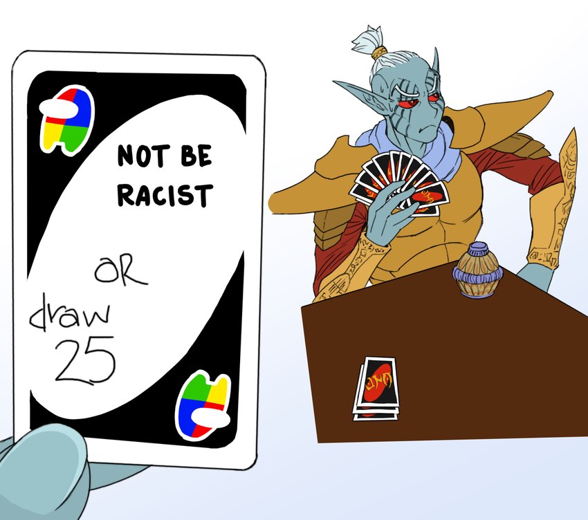 armor eyebrows fingers hair humanoid_pointy_ears male not_furry pointy_ears solo text uno_card ratopombo ambient_among_us cc-by-nc-nd creative_commons draw_25_(meme) microsoft the_elder_scrolls uno dunmer elf humanoid english_text meme