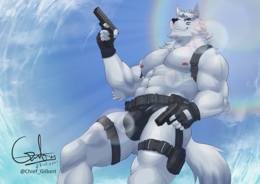 abs anthro areola biceps big_bulge biped bulge butt clothed clothing eye_black eyebrows fingerless_gloves fur gloves gun hair handgun handwear holding_gun holding_object holding_ranged_weapon holding_weapon low-angle_view male muscular muscular_anthro muscular_male muscular_thighs navel nipples partially_clothed pecs pistol quads ranged_weapon smile solo teeth thick_thighs weapon white_body white_fur white_hair chief_gilbert canid canine canis mammal wolf 2023 digital_media_(artwork)