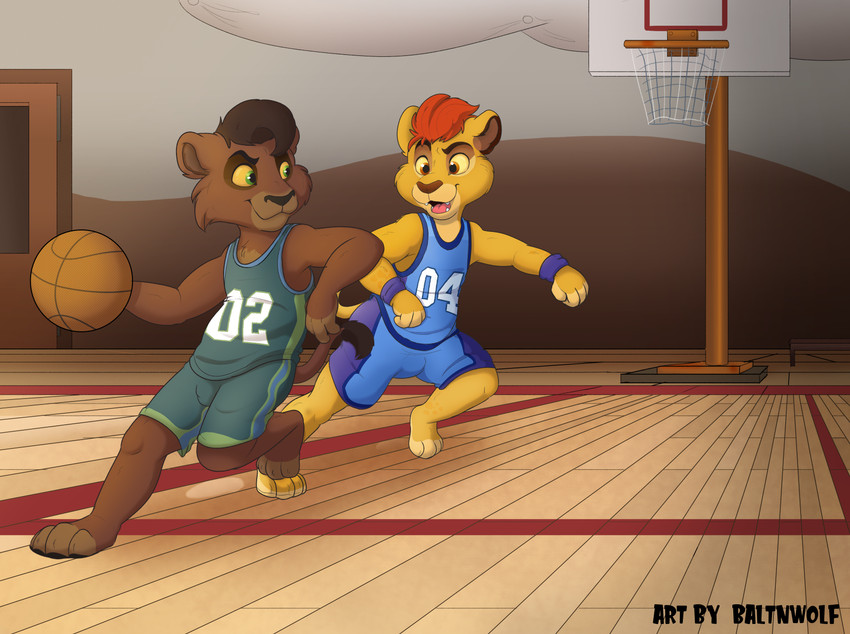 3_toes 4_fingers 4_toes anthro anthrofied ball barefoot basketball basketball_(ball) basketball_court basketball_hoop basketball_uniform biped black_eyebrows black_hair black_nose blue_bottomwear blue_clothing blue_shorts blue_topwear bottomwear brown_body brown_eyes brown_fur brown_hair brown_nose cheek_tuft clothed clothing competition_number duo eyebrows facial_tuft feet fingers floor fully_clothed fur fur_tuft green_bottomwear green_clothing green_eyes green_shorts green_topwear hair holding_object inside jersey male multicolored_clothing number number_on_clothing number_on_jersey number_on_topwear number_print open_mouth open_smile pink_tongue plantigrade playing playing_sport print_clothing print_jersey print_topwear shorts smile sport sportswear tan_body tan_fur toes tongue topwear tuft uniform wood wood_floor wristband yellow_sclera young young_anthro baltnwolf disney the_lion_guard the_lion_king kion_(the_lion_guard) kovu_(the_lion_king) felid lion mammal pantherine absurd_res hi_res