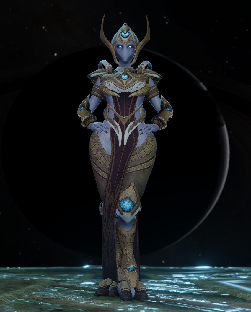 2_toes armor blue_body blue_eyes blue_skin boots bottomwear clothed clothing cosmic_background digitigrade feet female footwear gauntlets gloves hands_on_hips handwear headgear helmet loincloth looking_at_viewer mouthless noseless ornate_armor shoes solo space standing starry_background toes wide_hips lorded blizzard_entertainment starcraft selendis_(starcraft) alien alien_humanoid humanoid protoss 3d_(artwork) absurd_res digital_media_(artwork) hi_res