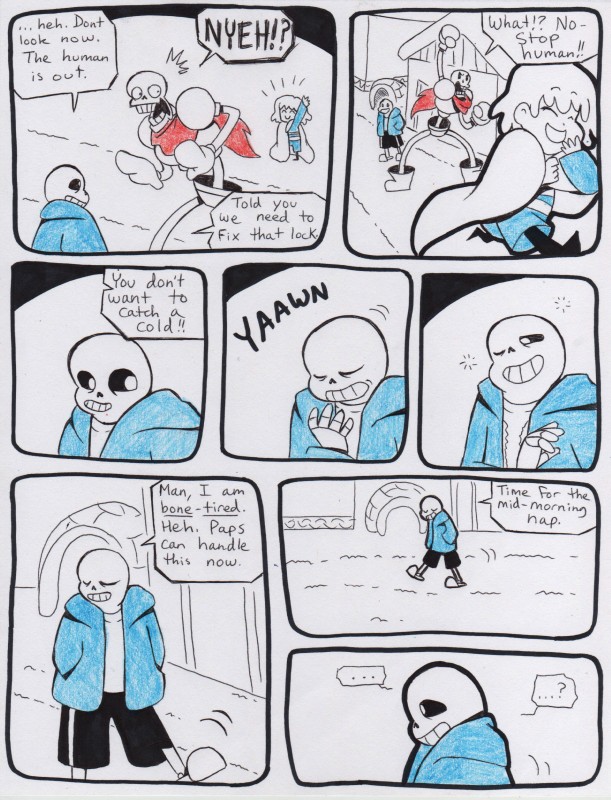 bedding blanket bone building clothed clothing dialogue eyes_closed gloves grin handwear house igloo male not_furry one_eye_closed plant scarf shed skeleton smile teeth text tree tunnel loverofpiggies aftertale undertale undertale_(series) frisk_(undertale) papyrus_(undertale) sans_(undertale) animated_skeleton human humanoid mammal undead absurd_res comic english_text hi_res