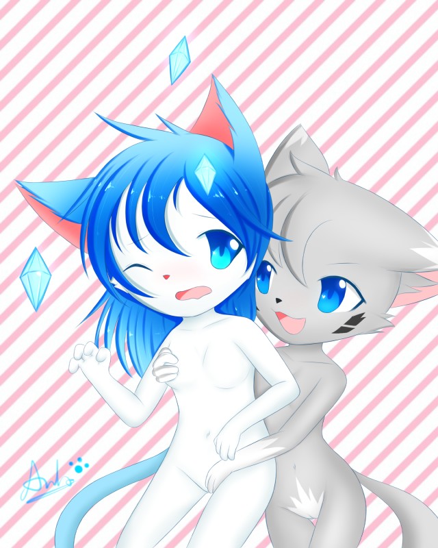 anthro blush duo female female/female genitals kemono nude pussy kryztar canid canine domestic_cat felid feline felis fox mammal 4:5 absurd_res digital_media_(artwork) hi_res shaded