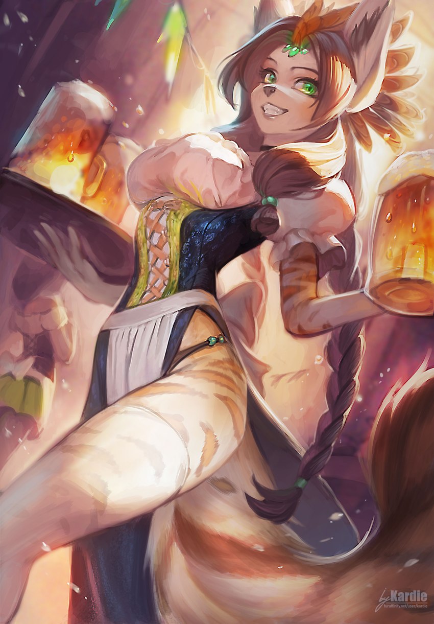 alcohol anthro barmaid beer beer_mug beverage biped braided_hair clothing female fur green_eyes hair handwear legwear long_hair looking_at_viewer smile solo stockings thigh_highs kardie solicia canid canine mammal 2019 absurd_res hi_res