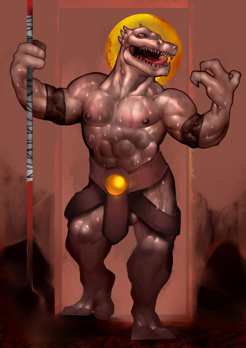 abs anthro balls balls_outline biceps bodily_fluids bulge detailed_bulge genital_outline genitals male muscular muscular_anthro muscular_male nipples pecs sharp_teeth solo sweat teeth adriygolden tower_of_god rak_wraithraiser lizard reptile scalie wraithraiser hi_res