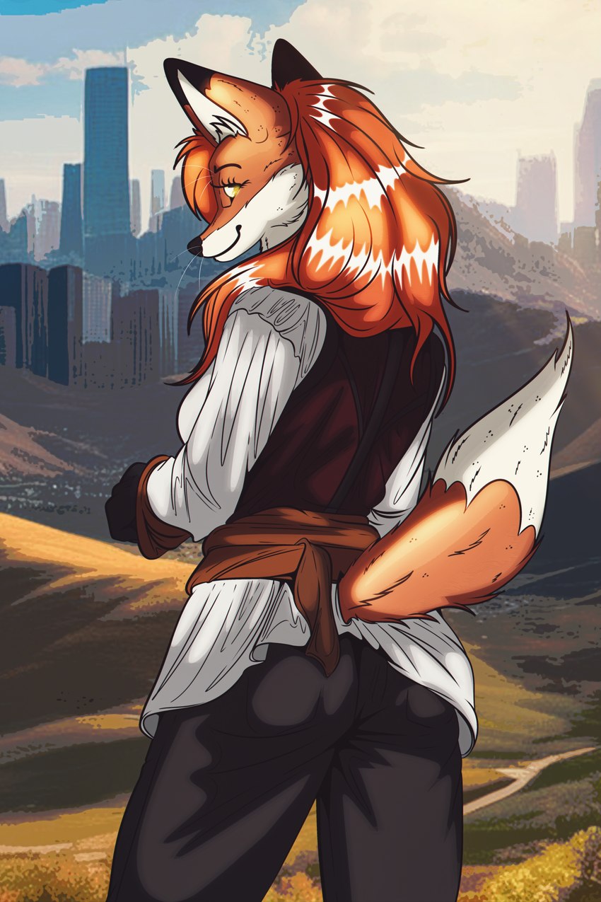 anthro bottomwear city city_background clothing female fur glistening glistening_hair hair orange_body orange_fur orange_hair pants rear_view shirt smile solo topwear yellow_eyes 0l-fox-l0 canid canine fox humanoid mammal true_fox 2:3 absurd_res hi_res