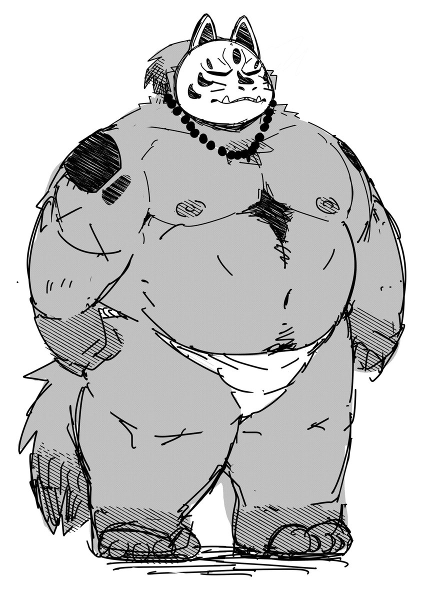 anthro belly big_belly clothing kemono male mask moobs nipples overweight overweight_male simple_background solo underwear white_background uokkom canid canine mammal 2023 hi_res monochrome sketch