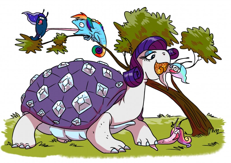 alternate_species ambiguous_gender eating feral grass group hair horn multicolored_hair open_mouth plant scared simple_background tongue tongue_out tree vore white_background adlynh friendship_is_magic hasbro my_little_pony princess_cadance_(mlp) princess_celestia_(mlp) princess_luna_(mlp) rainbow_dash_(mlp) rarity_(mlp) chameleon gastropod lizard mollusk reptile scalie slug snail turtle 2016 absurd_res hi_res