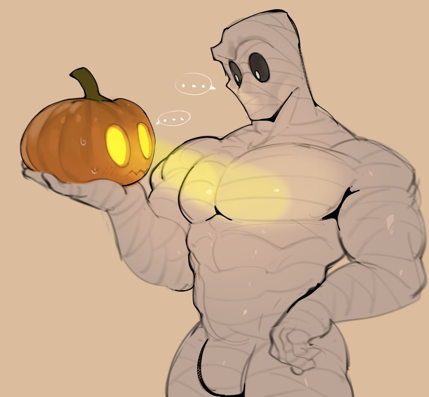 5_fingers abs ambiguous_gender biceps biped black_sclera blush blush_lines bodily_fluids bulge carrying_another carrying_partner deltoids duo ellipsis empty_eyes fingers food fruit glowing glowing_eyes jack-o'-lantern larger_humanoid looking_at_another looking_at_chest looking_at_partner male male/ambiguous male_humanoid mouth_closed mouthless mummy_wrappings muscular muscular_humanoid muscular_male not_furry obliques orange_body pecs plant pumpkin simple_background size_difference speech_bubble standing stem sweat tan_background white_body white_eyes yellow_eyes kogito elemental_creature flora_fauna food_creature humanoid living_fruit living_pumpkin mummy undead 2024 absurd_res hi_res