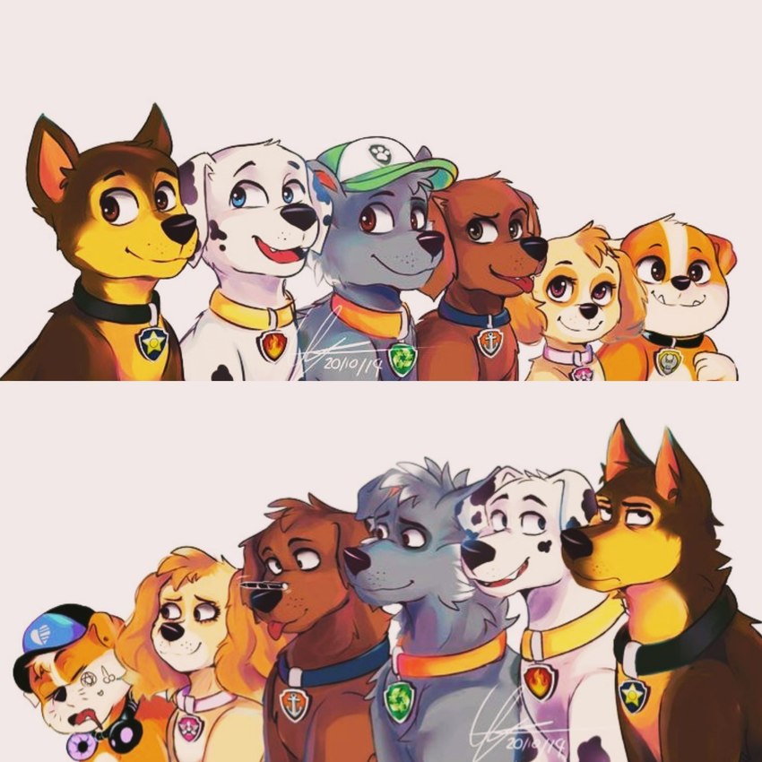 aged_up clothing collar electronics eyes_closed female feral group hat headgear headphones headwear looking_aside looking_at_another looking_at_viewer male simple_background white_background young young_feral milkymatsu80s nickelodeon paw_patrol chase_(paw_patrol) marshall_(paw_patrol) rocky_(paw_patrol) rubble_(paw_patrol) skye_(paw_patrol) zuma_(paw_patrol) bird_dog bulldog canid canine canis cockapoo dalmatian domestic_dog english_bulldog german_shepherd herding_dog hunting_dog labrador mammal mastiff mixed_breed molosser pastoral_dog retriever 1:1 2019 digital_media_(artwork) hi_res