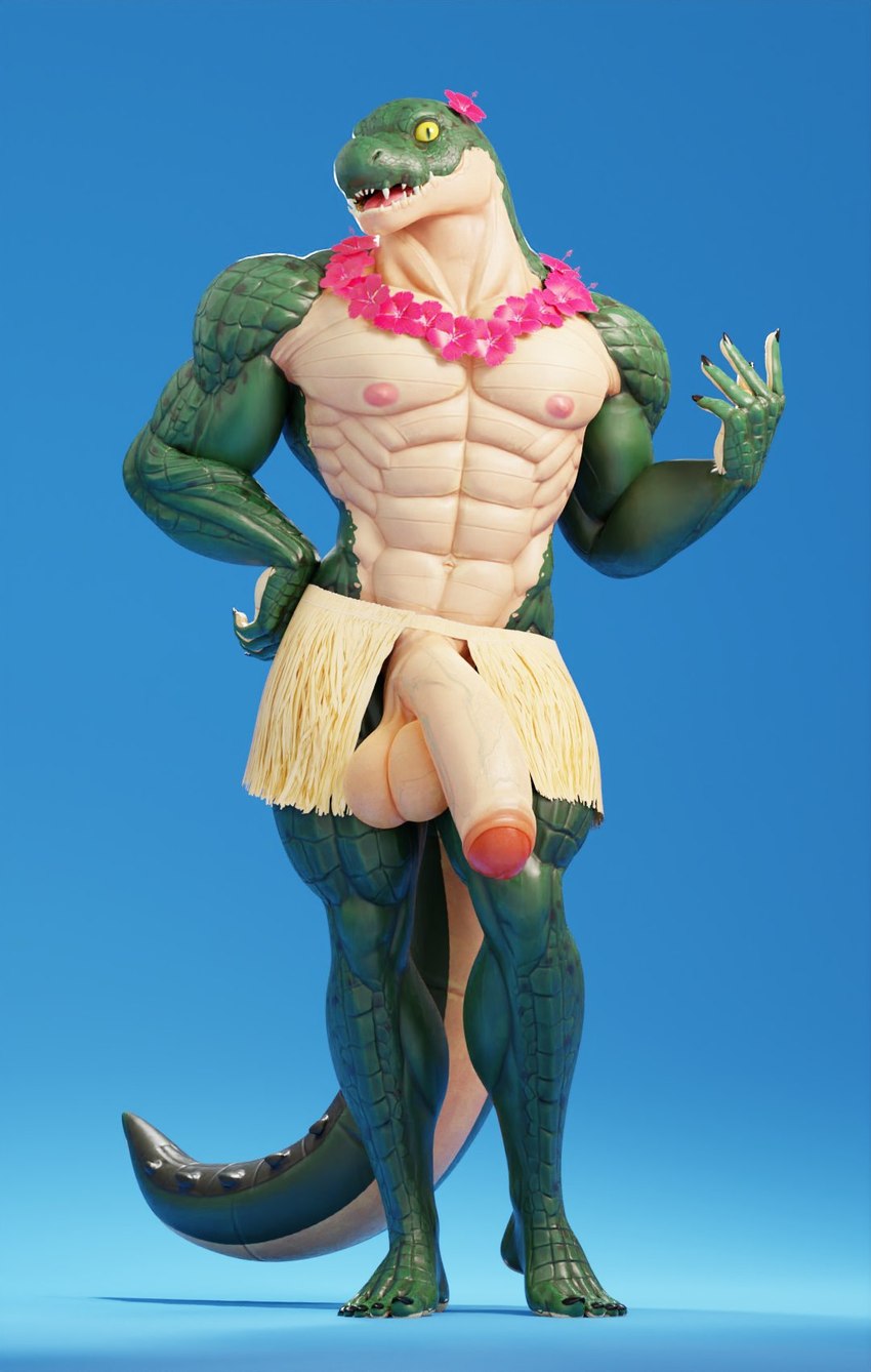 abs anthro balls barefoot biceps big_balls big_muscles big_penis blue_background bottomwear claws clothed clothing crossdressing feet flaccid flower flower_necklace flower_on_head foreskin genitals grass_skirt hand_on_hip huge_balls huge_muscles huge_penis hula hula_dancer humanoid_genitalia humanoid_penis jewelry looking_at_viewer male muscular muscular_anthro muscular_male navel necklace nipples non-mammal_balls non-mammal_nipples obliques open_mouth open_smile pecs penis plant plantigrade quads saggy_balls scales simple_background skirt smile solo standing teeth thick_penis tongue topless topless_anthro topless_male connivingrat helm_(connivingrat) crocodile crocodilian reptile scalie 2022 3d_(artwork) digital_media_(artwork) hi_res