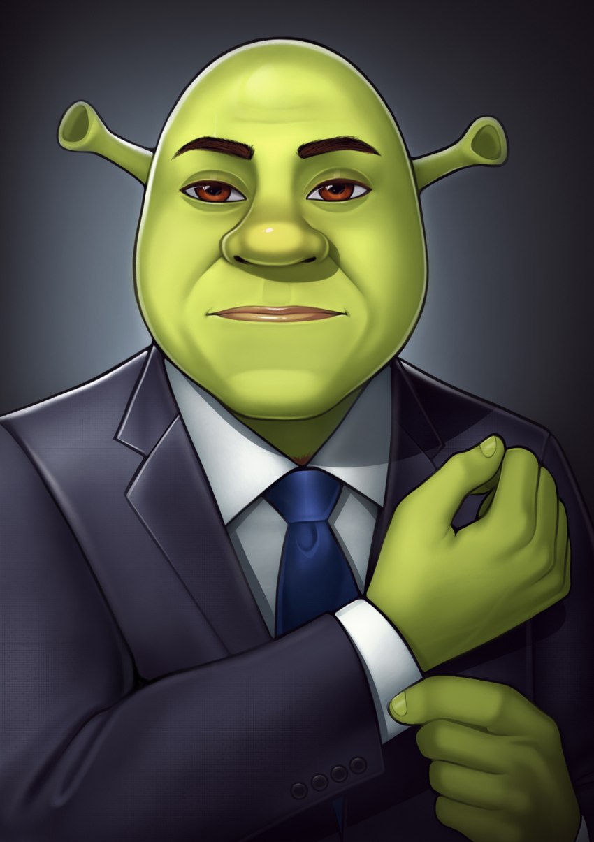 5_fingers body_hair brown_eyes business_suit chest_hair clothed clothing ear_stalk fingers green_body half-closed_eyes looking_at_viewer male narrowed_eyes necktie not_furry shirt simple_background solo straight_face suit topwear loodncrood breaking_bad dreamworks shrek_(series) gustavo_fring shrek_(character) humanoid mammal ogre digital_media_(artwork) half-length_portrait hi_res portrait