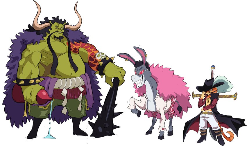 anthro clothing cosplay eyewear feathers feral group headgear headwear horn male quadruped size_difference sunglasses tail trio cyberlord1109 dreamworks mythology one_piece puss_in_boots_(franchise) shrek_(series) donkey_(shrek) donquixote_doflamingo dracule_mihawk kaido_(one_piece) puss_in_boots_(dreamworks) shrek_(character) asinus domestic_cat donkey dragon eastern_dragon equid equine felid feline felis horned_humanoid humanoid mammal mythological_creature mythological_scalie scalie absurd_res hi_res